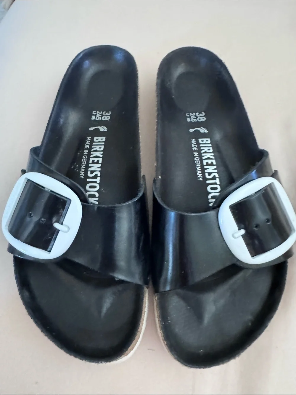 Birkenstock Black Slide Sandals with White Buckles - Picture 2 of 6